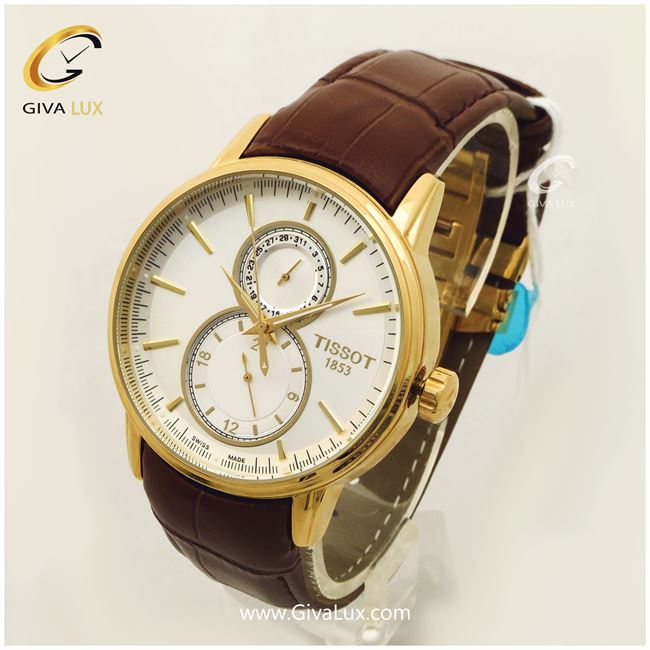 ساعت مردانه فول تایم تیسوت با بند قهوه ای و قاب طلایی