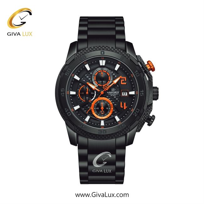 ساعت مچی اورجینال مردانه ناوی فورس|Naviforce|نوی فورس|نیوی فورس سه موتوره کرنوگراف مشکی | مشکی| نارنجی| کد رفرنس NF8047 B/O/B