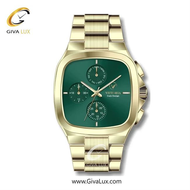 ساعت مچی اورجینال مردانه ویتوریا | Vittoria سه موتوره فول تایم طلایی | طلایی| سبز یشمی تیره| کد رفرنس VT3185