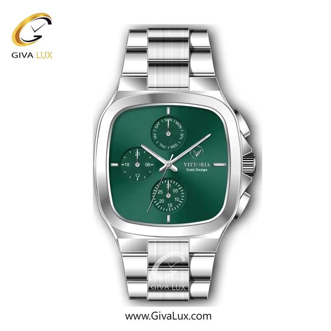 ساعت مچی اورجینال مردانه ویتوریا | Vittoria سه موتوره فول تایم نقره ای | نقره ای| سبز یشمی تیره| کد رفرنس VT3185