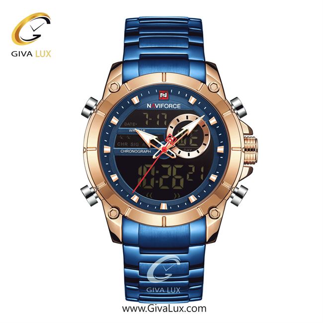 ساعت مچی اورجینال مردانه ناوی فورس|Naviforce|نوی فورس|نیوی فورس دو زمانه رزگلد | آبی| آبی| کد رفرنس NF9163 RG/BE