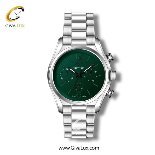 ساعت مچی اورجینال مردانه ویتوریا | Vittoria سه موتوره فول تایم نقره ای | نقره ای| سبز یشمی تیره| کد رفرنس VT3254