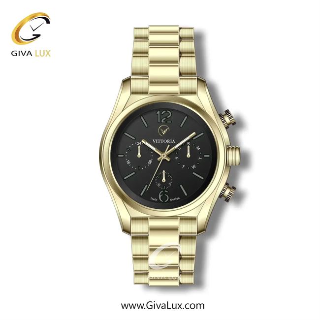 ساعت مچی اورجینال مردانه ویتوریا | Vittoria سه موتوره فول تایم طلایی | طلایی| مشکی| کد رفرنس VT3254