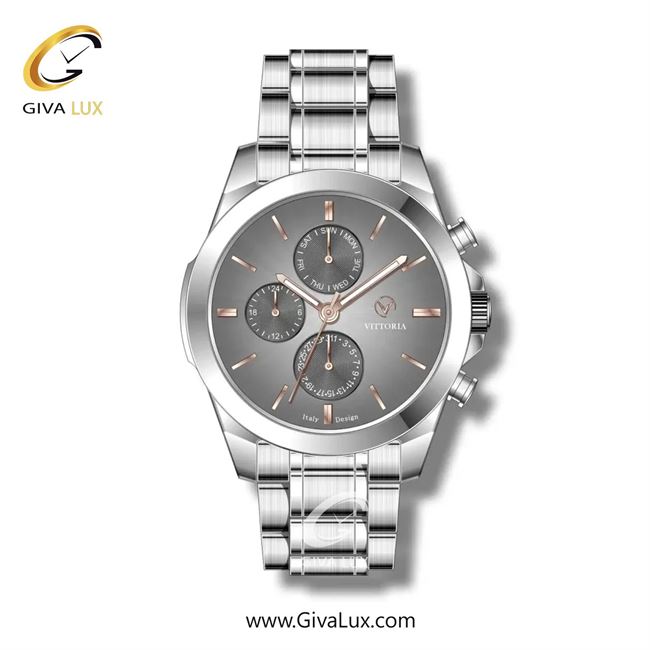ساعت مچی اورجینال مردانه ویتوریا | Vittoria سه موتوره فول تایم نقره ای | نقره ای| طوسی| کد رفرنس VT3255