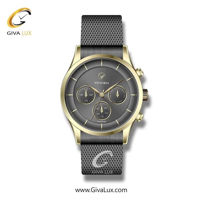 ساعت مچی اورجینال مردانه ویتوریا | Vittoria سه موتوره فول تایم طلایی | تیتانیوم(زغالی)| دودی|تیتانیوم| کد رفرنس VT3256