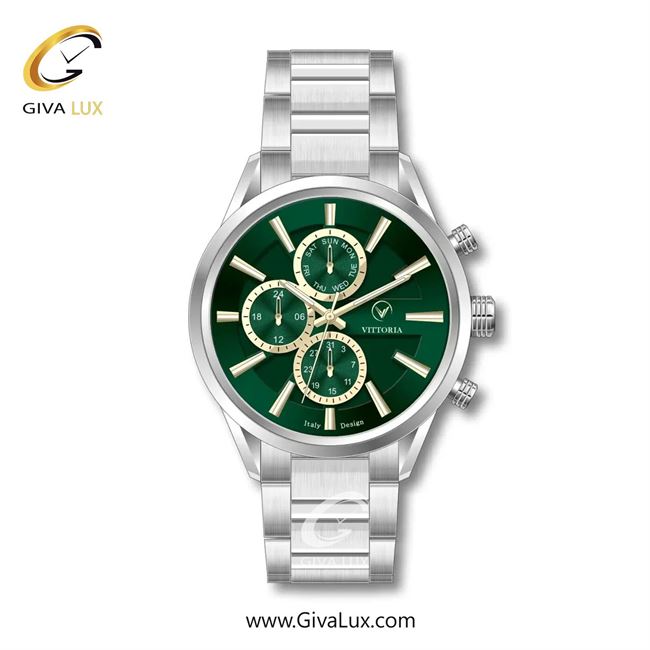 ساعت مچی اورجینال مردانه ویتوریا | Vittoria سه موتوره فول تایم نقره ای | نقره ای| سبز یشمی تیره| کد رفرنس VT3258