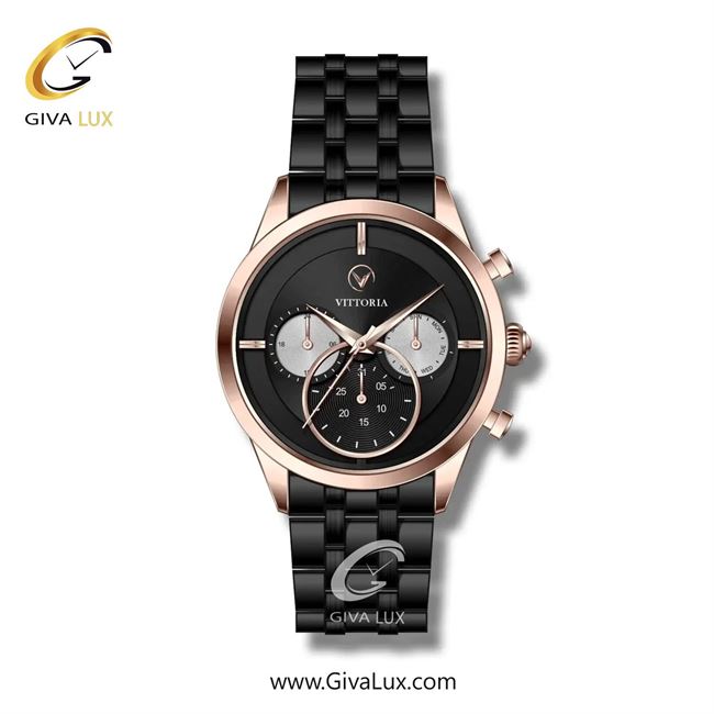 ساعت مچی اورجینال مردانه ویتوریا | Vittoria سه موتوره فول تایم رزگلد | مشکی| مشکی| کد رفرنس VT3259