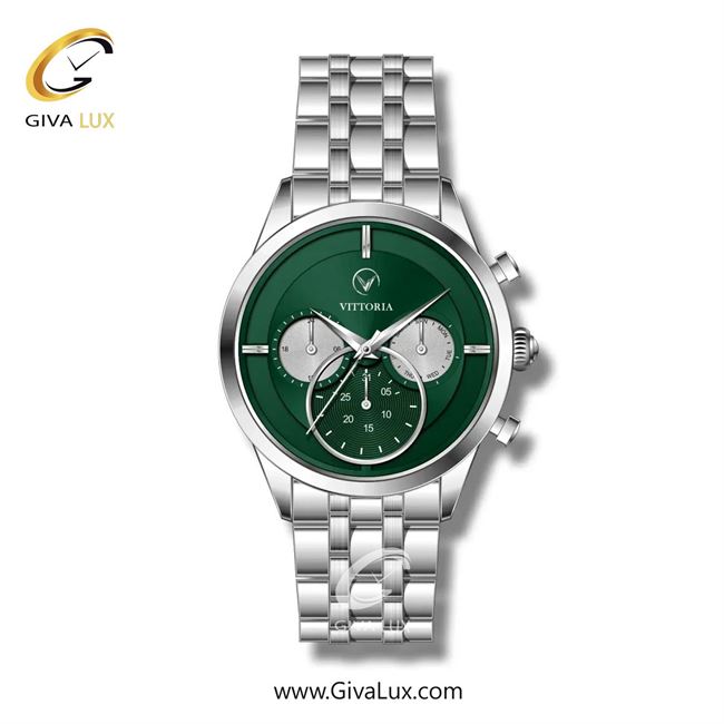 ساعت مچی اورجینال مردانه ویتوریا | Vittoria سه موتوره فول تایم نقره ای | نقره ای| سبز یشمی تیره| کد رفرنس VT3259