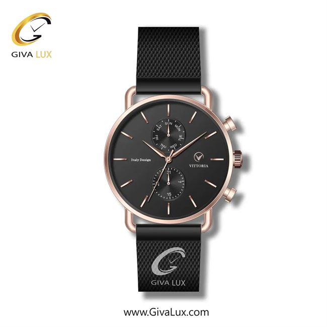 ساعت مچی اورجینال زنانه ویتوریا | Vittoria سه موتوره فول تایم رزگلد | مشکی| مشکی| کد رفرنس VT3267