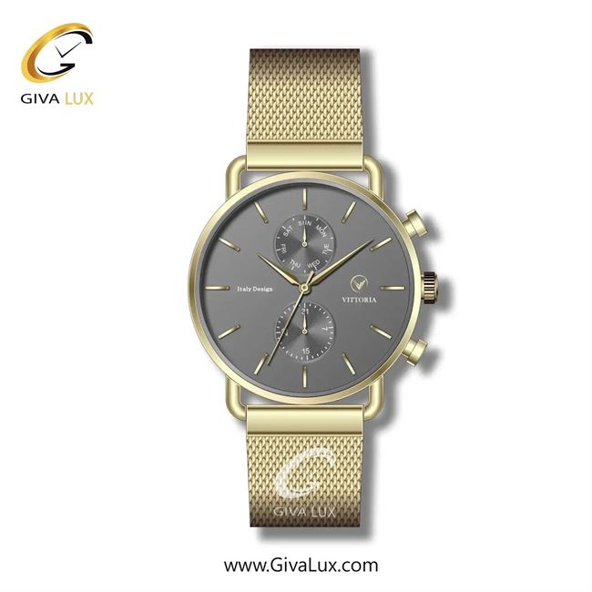 ساعت مچی اورجینال زنانه ویتوریا | Vittoria سه موتوره فول تایم طلایی | طلایی| طوسی| کد رفرنس VT3267