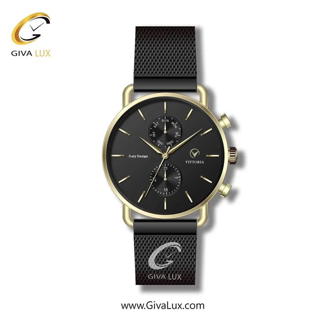 ساعت مچی اورجینال زنانه ویتوریا | Vittoria سه موتوره فول تایم طلایی | مشکی| مشکی| کد رفرنس VT3267
