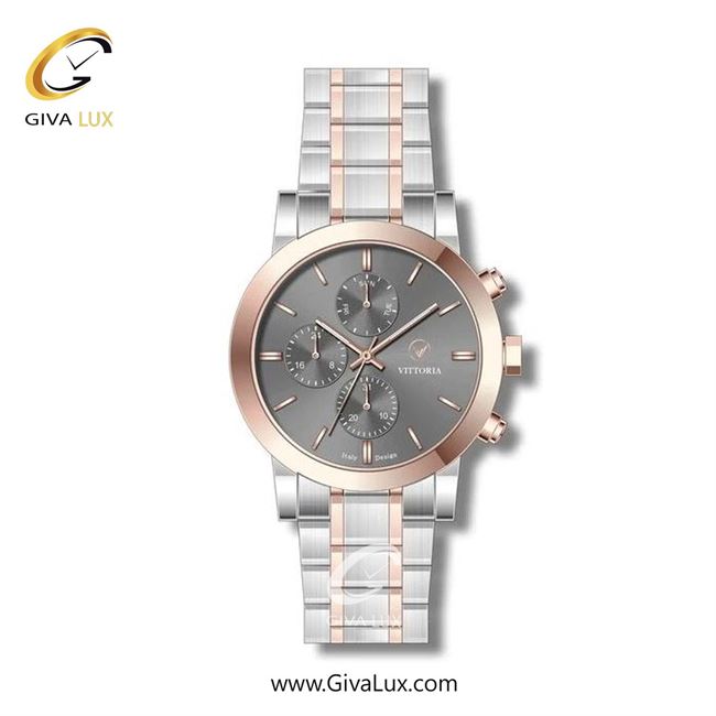 ساعت مچی اورجینال زنانه ویتوریا | Vittoria سه موتوره فول تایم رزگلد | نقره ای-رزگلد| طوسی| کد رفرنس VT3274
