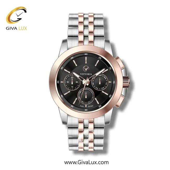 ساعت مچی اورجینال مردانه ویتوریا | Vittoria سه موتوره فول تایم نقره ای-رزگلد | نقره ای-رزگلد| مشکی| کد رفرنس VT3275