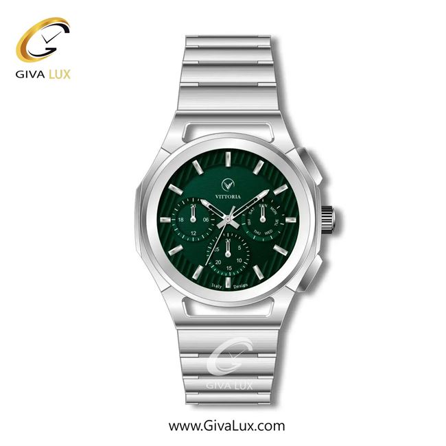 ساعت مچی اورجینال مردانه ویتوریا | Vittoria سه موتوره فول تایم نقره ای | نقره ای| سبز یشمی تیره| کد رفرنس VT3278