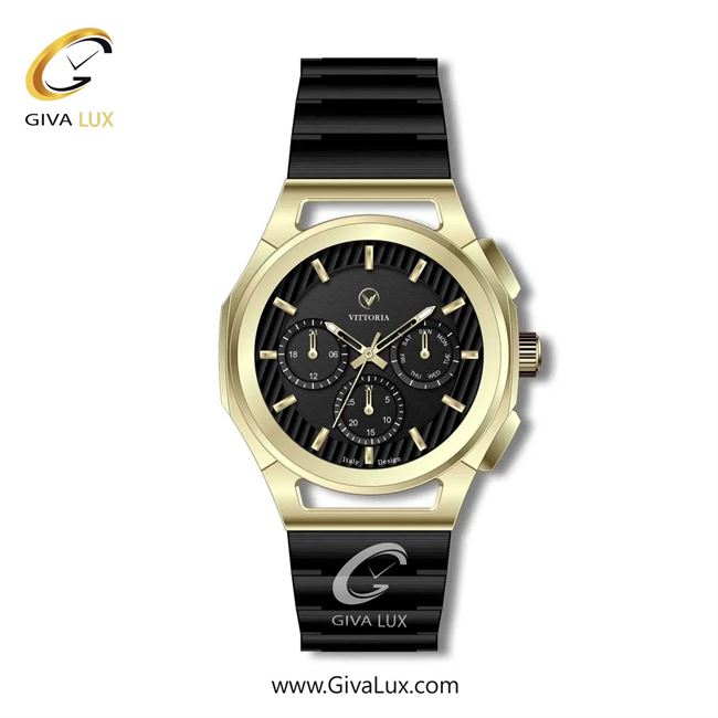 ساعت مچی اورجینال مردانه ویتوریا | Vittoria سه موتوره فول تایم طلایی | مشکی| مشکی| کد رفرنس VT3278