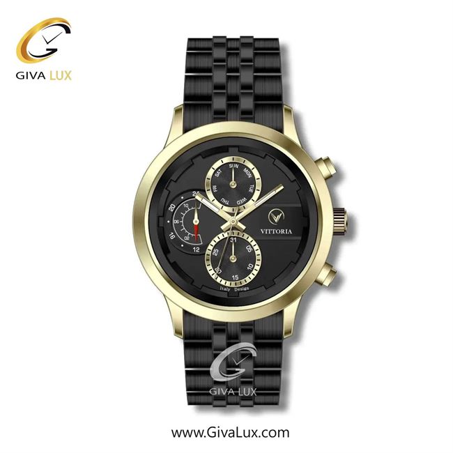ساعت مچی اورجینال مردانه ویتوریا | Vittoria سه موتوره فول تایم طلایی | مشکی| مشکی| کد رفرنس VT3279