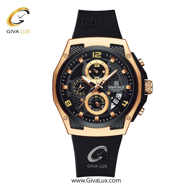 ساعت مچی اورجینال مردانه ناوی فورس|Naviforce|نوی فورس|نیوی فورس سه موتوره کرنوگراف رزگلد | مشکی| مشکی| کد رفرنس NF8051-RG/B/B