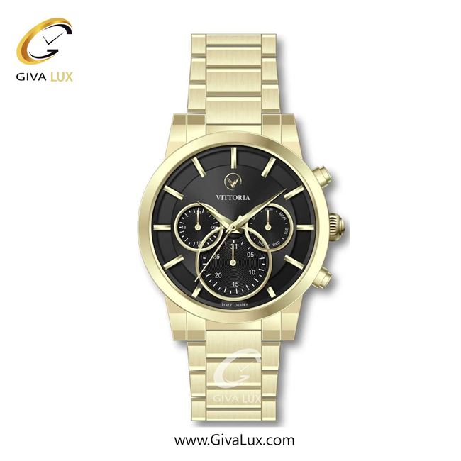ساعت مچی اورجینال مردانه ویتوریا | Vittoria سه موتوره فول تایم طلایی | طلایی| مشکی| کد رفرنس VT3306