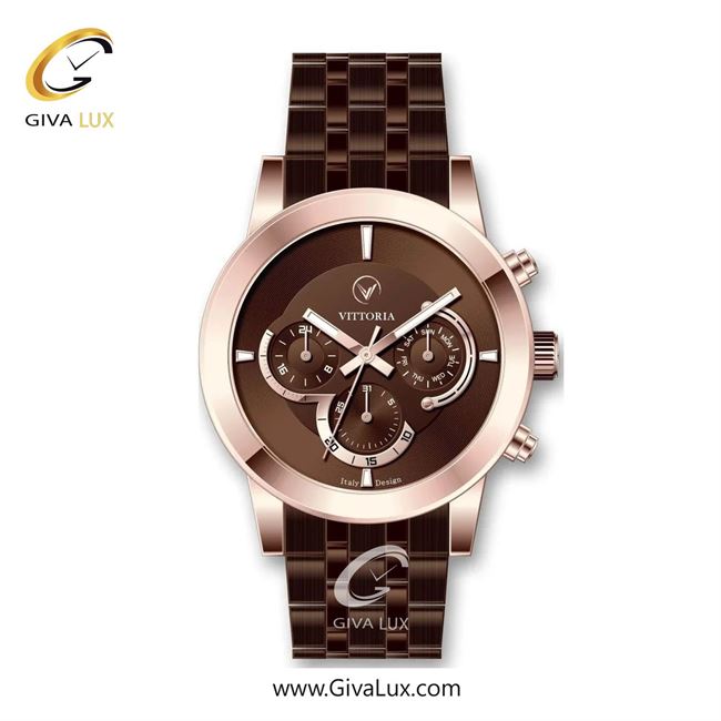 ساعت مچی اورجینال مردانه ویتوریا | Vittoria سه موتوره فول تایم رزگلد | کافی| کافی| کد رفرنس VT3310