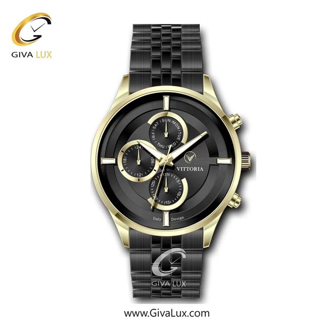 ساعت مچی اورجینال مردانه ویتوریا | Vittoria سه موتوره فول تایم طلایی | مشکی| مشکی| کد رفرنس VT3311