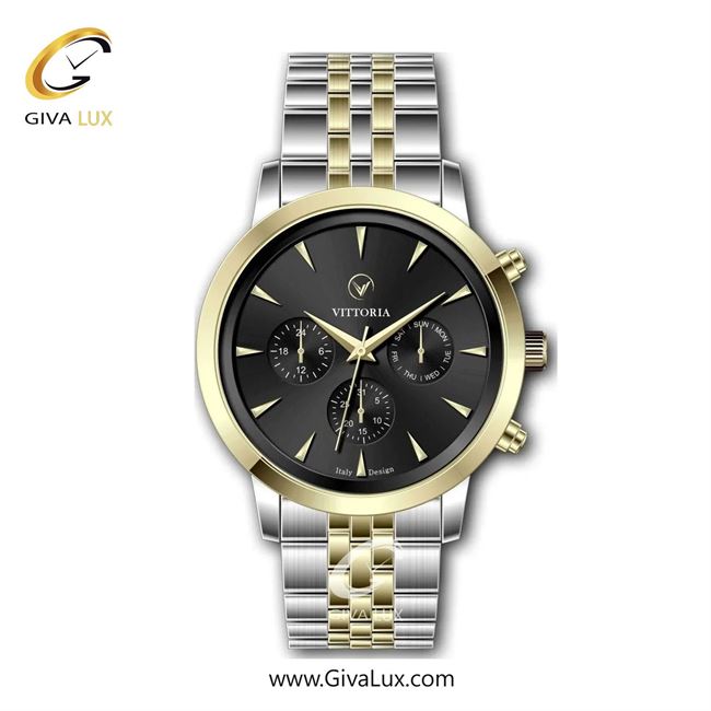 ساعت مچی اورجینال مردانه ویتوریا | Vittoria سه موتوره فول تایم طلایی | نقره ای-طلایی| مشکی| کد رفرنس VT3312