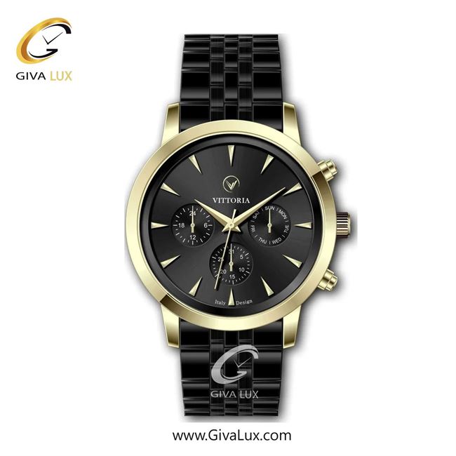 ساعت مچی اورجینال مردانه ویتوریا | Vittoria سه موتوره فول تایم طلایی | مشکی| مشکی| کد رفرنس VT3312