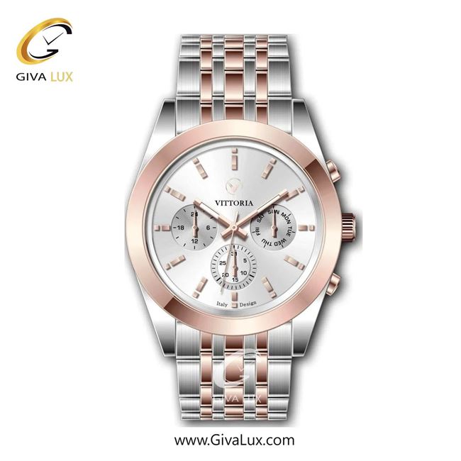 ساعت مچی اورجینال مردانه ویتوریا | Vittoria سه موتوره فول تایم نقره ای-رزگلد | نقره ای-رزگلد| نقره ای| کد رفرنس VT3313