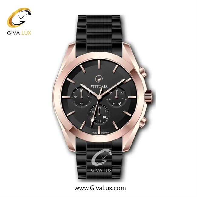 ساعت مچی اورجینال مردانه ویتوریا | Vittoria سه موتوره فول تایم رزگلد | مشکی| مشکی| کد رفرنس VT3314