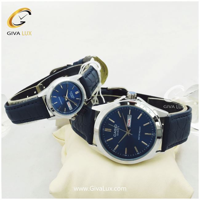 ست ساعت مچی بند چرمی کاسیو تقویم دار سرمه ای