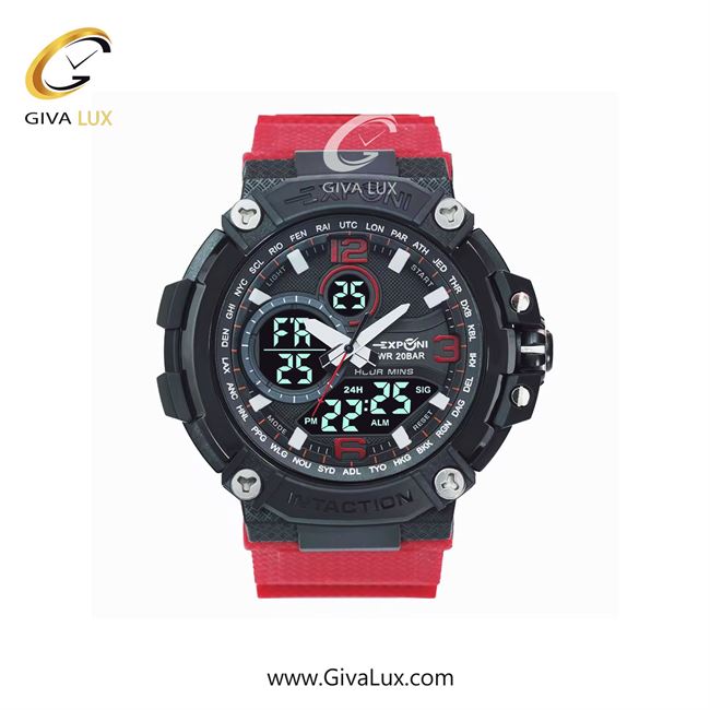ساعت مچی اورجینال اکسپونی مردانه دو زمانه مشکی | قرمز | مشکی | کد رفرنس 3322G RD BAND