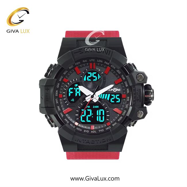 ساعت مچی اورجینال اکسپونی مردانه دو زمانه مشکی | قرمز | مشکی | کد رفرنس 3323H RD BAND