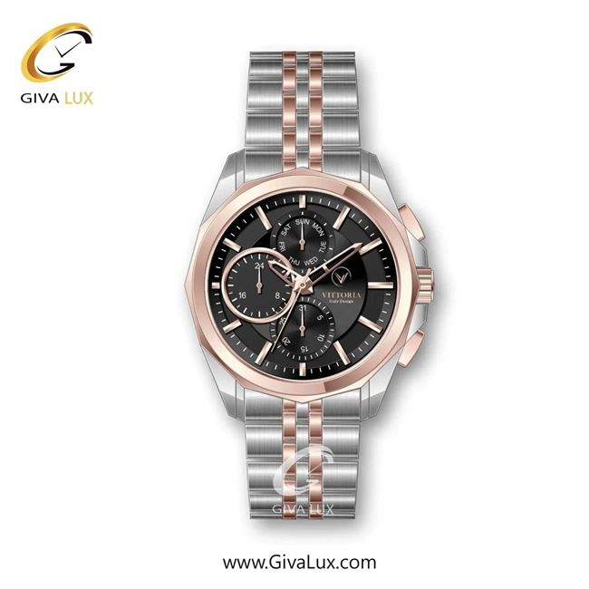 ساعت مچی اورجینال مردانه ویتوریا | Vittoria سه موتوره فول تایم رزگلد | نقره ای-رزگلد| مشکی| کد رفرنس VT3328