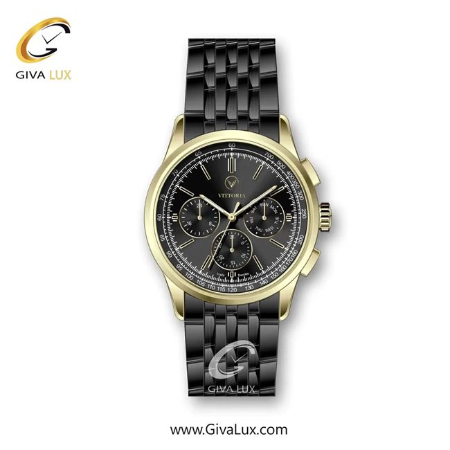 ساعت مچی اورجینال مردانه ویتوریا | Vittoria سه موتوره فول تایم طلایی | مشکی| مشکی| کد رفرنس VT3330