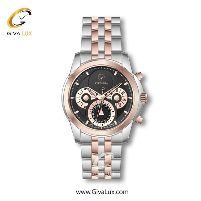 ساعت مچی اورجینال مردانه ویتوریا | Vittoria سه موتوره فول تایم رزگلد | نقره ای-رزگلد| مشکی| کد رفرنس VT3332