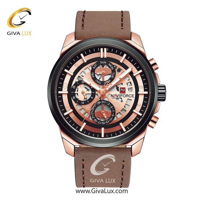 ساعت مچی اورجینال ناوی فورس مردانه سه موتوره فول تایم رزگلد | قهوه ای | رزگلد | کد رفرنس NF9129-RG/RG/D.BN