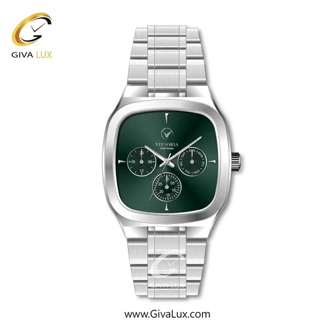ساعت مچی اورجینال مردانه ویتوریا | Vittoria سه موتوره فول تایم نقره ای | نقره ای| سبز یشمی تیره| کد رفرنس VT3466G