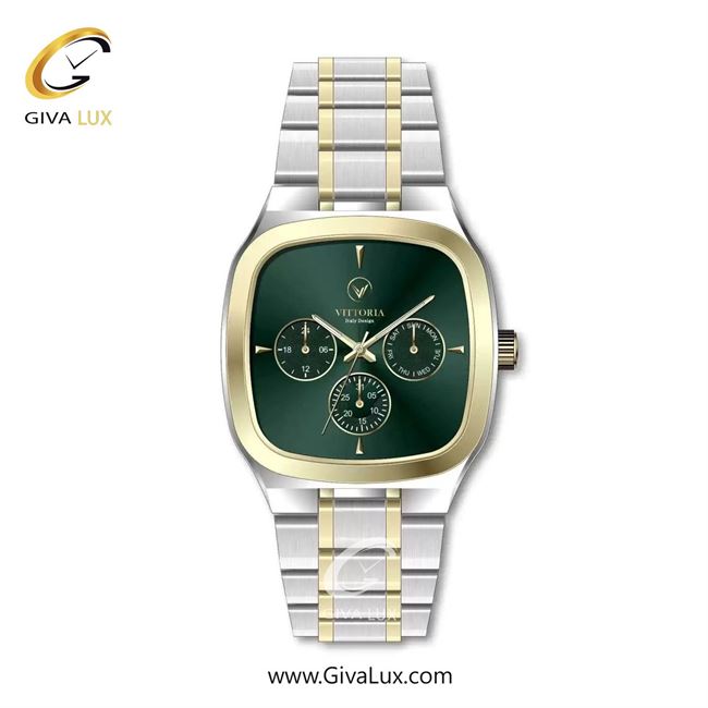 ساعت مچی اورجینال مردانه ویتوریا | Vittoria سه موتوره فول تایم طلایی | طلایی-نقره ای| سبز یشمی تیره| کد رفرنس VT3466G