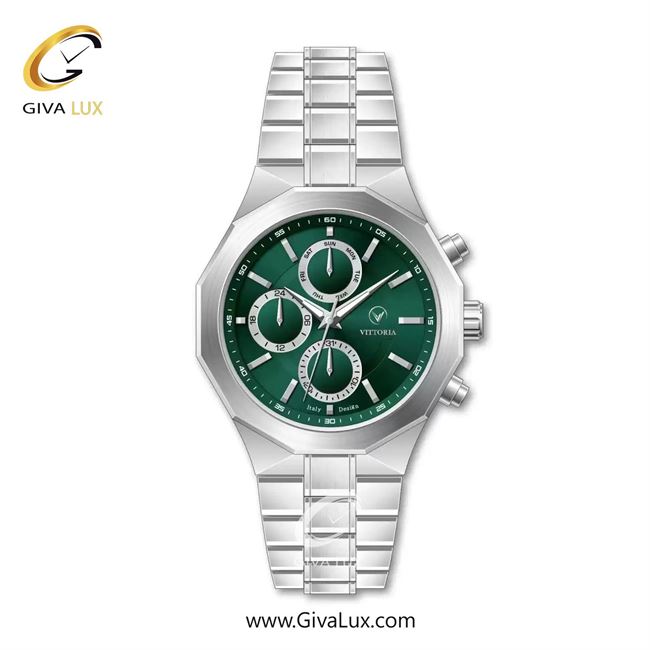ساعت مچی اورجینال مردانه ویتوریا | Vittoria سه موتوره فول تایم نقره ای | نقره ای| سبز یشمی تیره| کد رفرنس VT3469