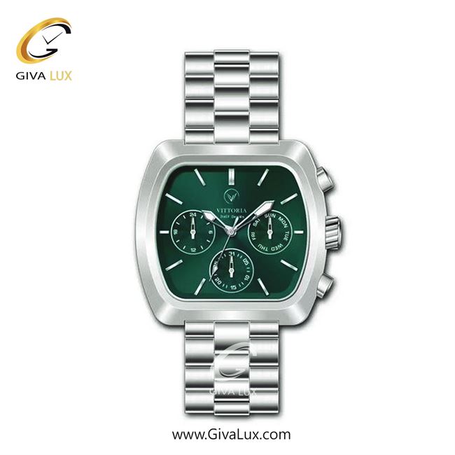 ساعت مچی اورجینال مردانه ویتوریا | Vittoria سه موتوره فول تایم نقره ای | نقره ای| سبز یشمی تیره| کد رفرنس VT3473