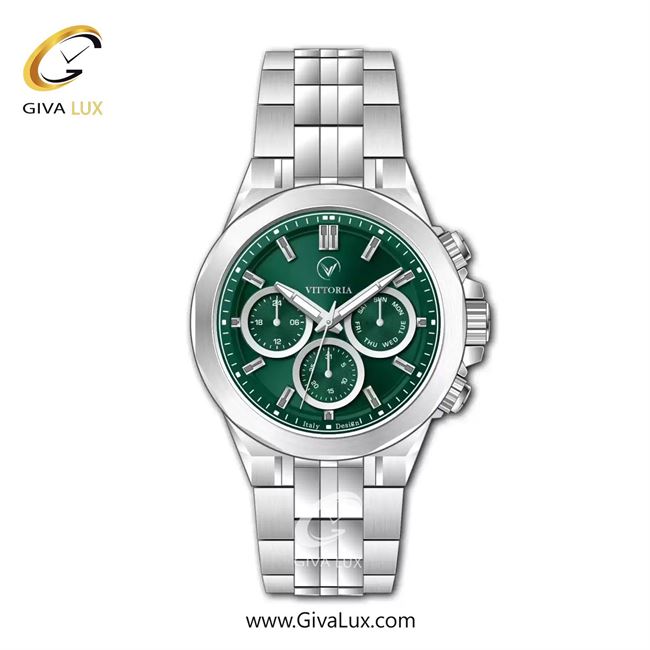 ساعت مچی اورجینال مردانه ویتوریا | Vittoria سه موتوره فول تایم نقره ای | نقره ای| سبز یشمی تیره| کد رفرنس VT3476