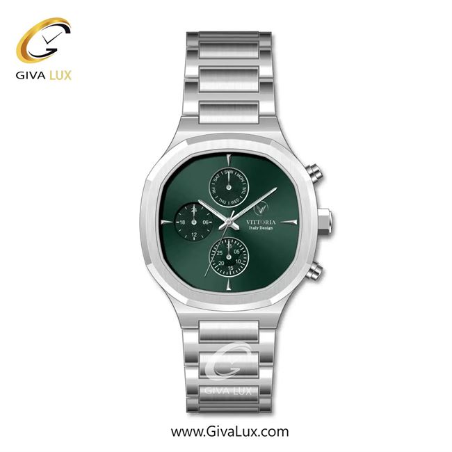 ساعت مچی اورجینال مردانه ویتوریا | Vittoria سه موتوره فول تایم نقره ای | نقره ای| سبز یشمی تیره| کد رفرنس VT3477