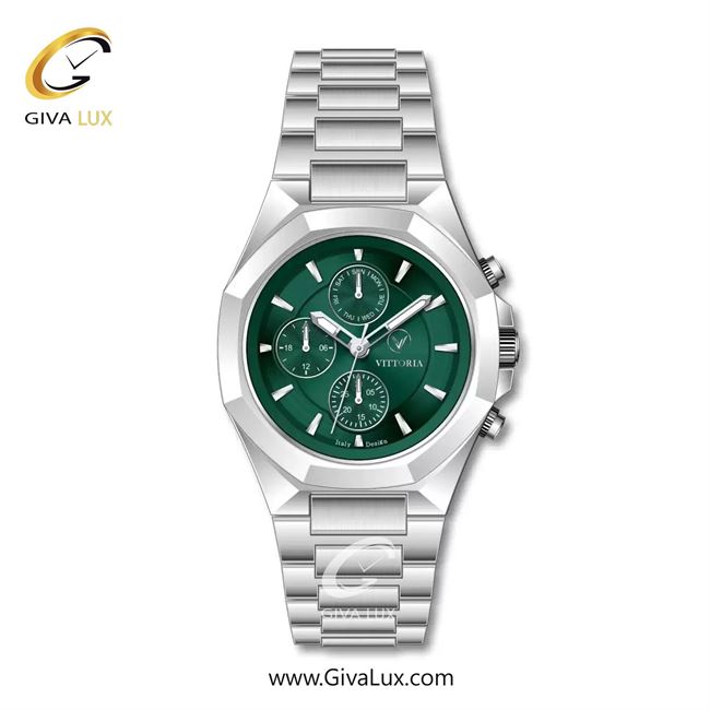 ساعت مچی اورجینال مردانه ویتوریا | Vittoria سه موتوره فول تایم نقره ای | نقره ای| سبز یشمی تیره| کد رفرنس VT3478