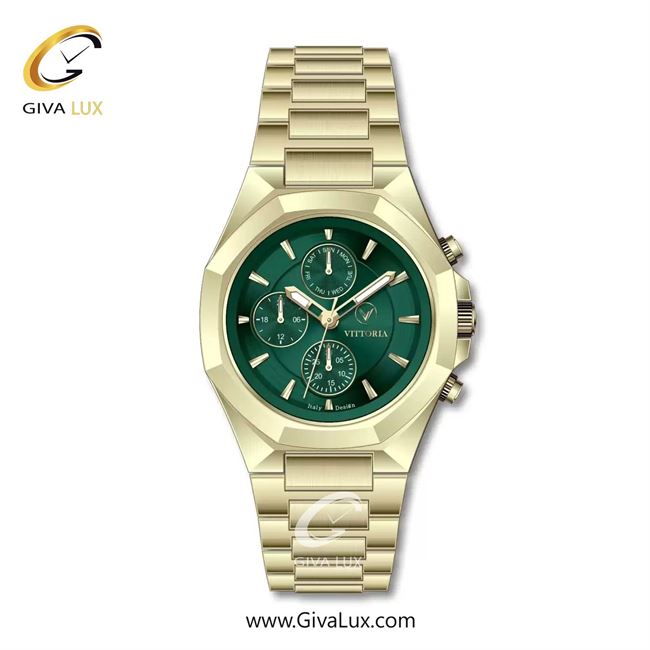 ساعت مچی اورجینال مردانه ویتوریا | Vittoria سه موتوره فول تایم طلایی | طلایی| سبز یشمی تیره| کد رفرنس VT3478