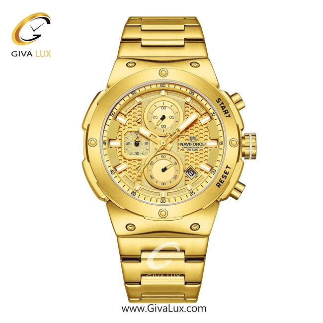ساعت مچی اورجینال مردانه ناوی فورس|Naviforce|نوی فورس|نیوی فورس سه موتوره کرنوگراف طلایی | طلایی| طلایی| کد رفرنس NF8072 G/G/G