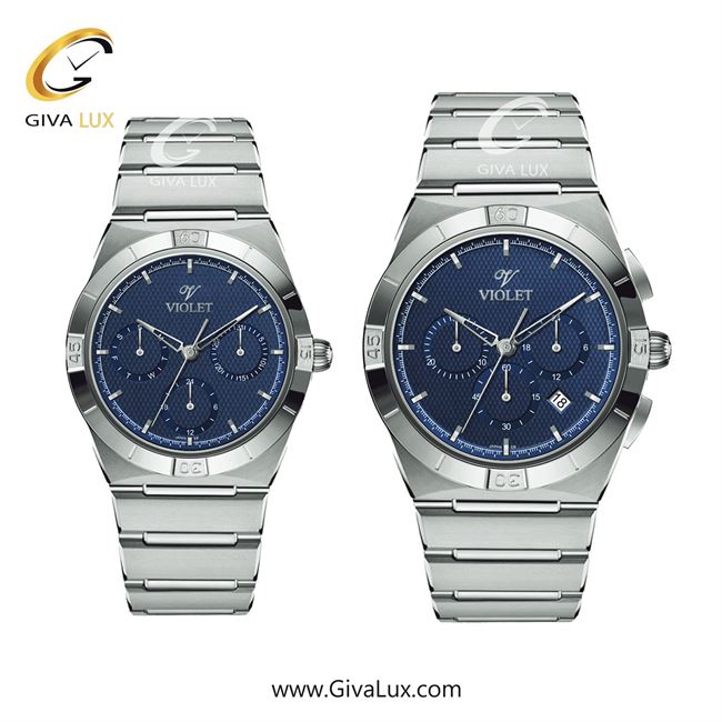 ساعت مچی اورجینال ست ویولت VIOLET سه موتوره کرنوگراف نقره ای | نقره ای| آبی| کد رفرنس مردانه:0614 زنانه:0614