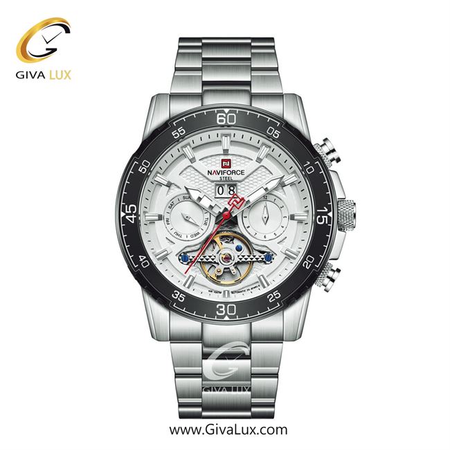 ساعت مچی مردانه اتوماتیک بند فلزی ناوی فورس( نیوی فورس) استیل- صفحه سفید NFS 1001
