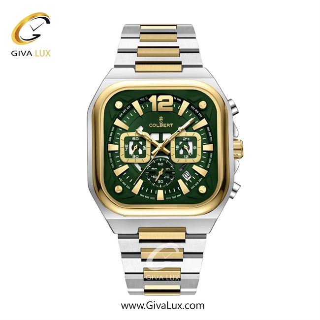ساعت مچی اورجینال مردانه کلبرت COLBERT سه موتوره کرنوگراف نقره ای-طلایی | طلایی-نقره ای| سبز یشمی تیره| کد رفرنس 0357M