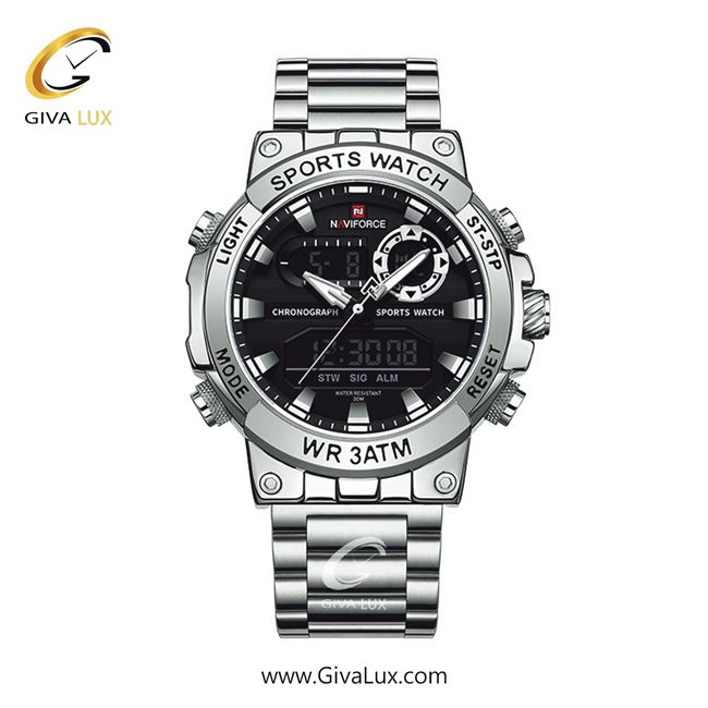 ساعت مچی اورجینال مردانه ناوی فورس|Naviforce|نوی فورس|نیوی فورس دو زمانه نقره ای | نقره ای| مشکی| کد رفرنس NF9237 S/B/S