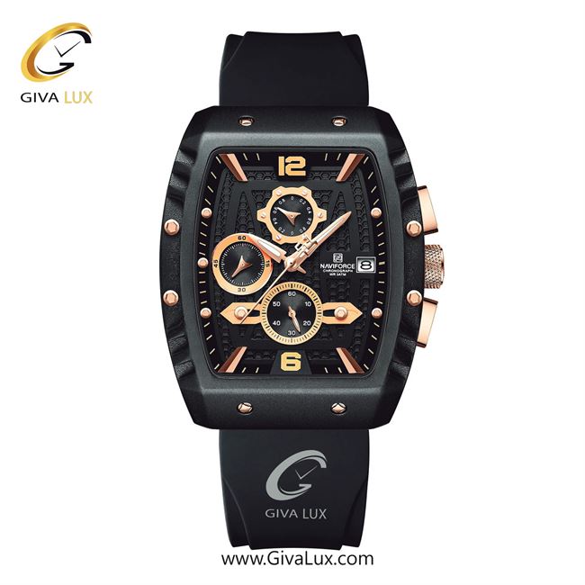 ساعت مچی اورجینال ناوی فورس مردانه سه موتوره کرنوگراف مشکی | مشکی | رزگلد-مشکی | کد رفرنس NF8025-B/RG/B