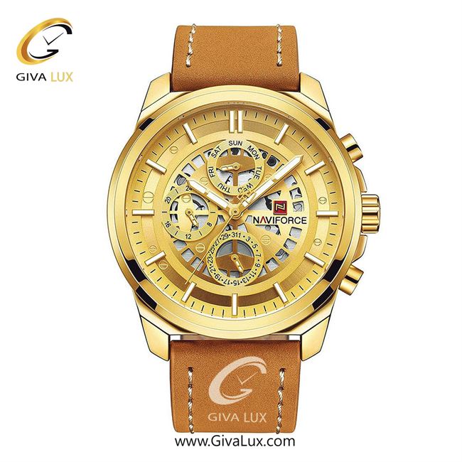 ساعت مچی اورجینال ناوی فورس مردانه سه موتوره فول تایم طلایی | عسلی | طلایی | کد رفرنس NF9129-G/G/BN